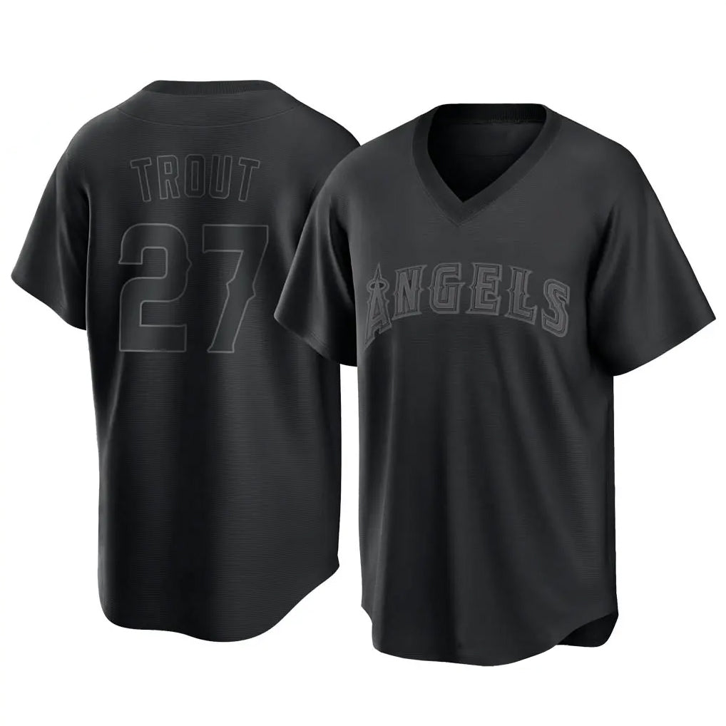 Elroe LA.Angels #27 Mike Trout Player Black Pitch Fashion T-shirt Stitched Jerseys