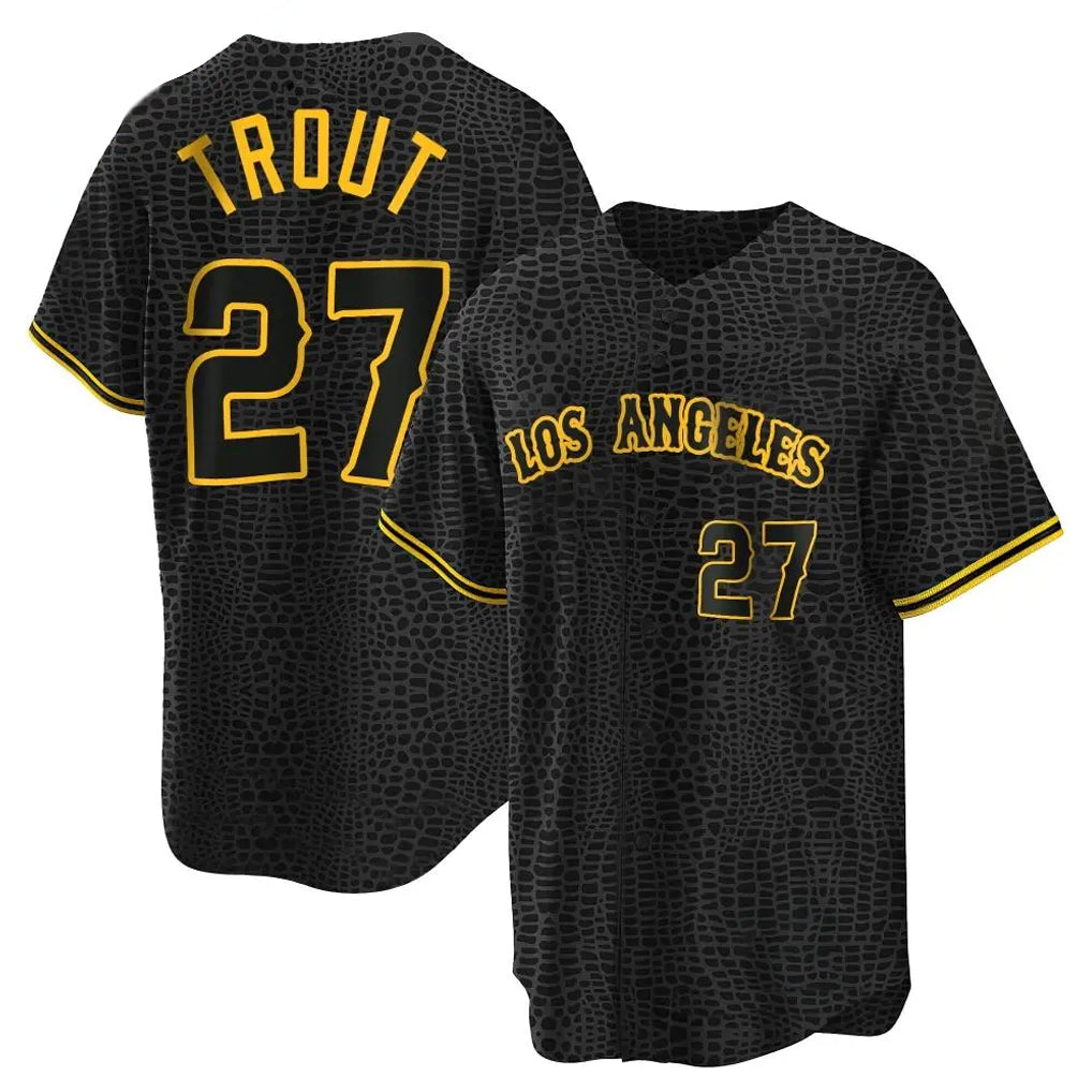Elroe LA.Angels #27 Mike Trout Player Black Snake Skin City Game Home Stitched Jerseys
