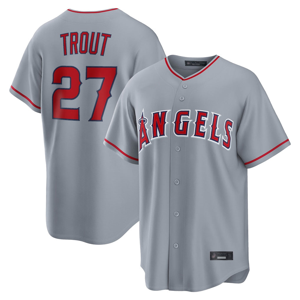 Elroe LA.Angels #27 Mike Trout Player Gray Home Game Stitched Jerseys