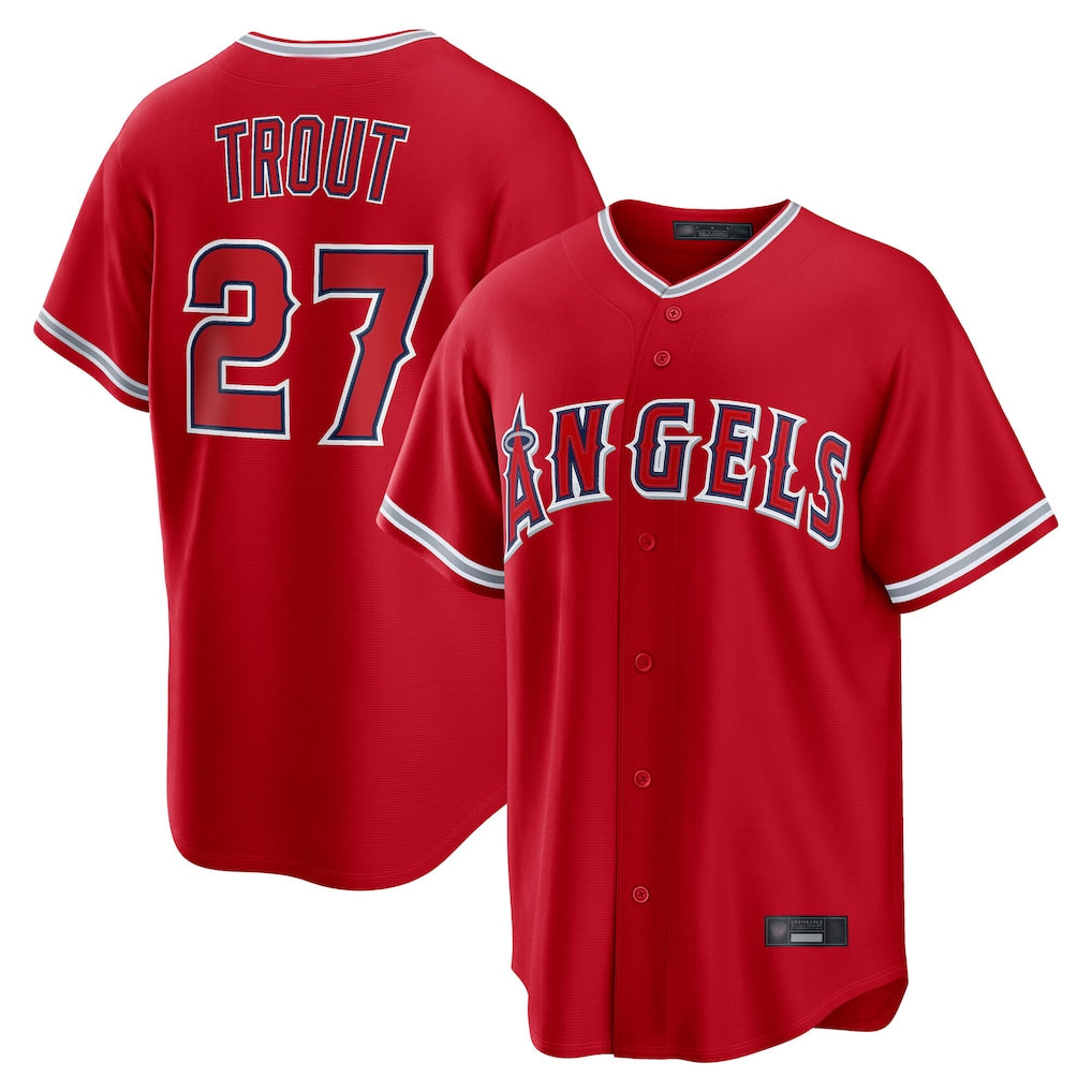 Elroe LA.Angels #27 Mike Trout Player Red Home Game Stitched Jerseys