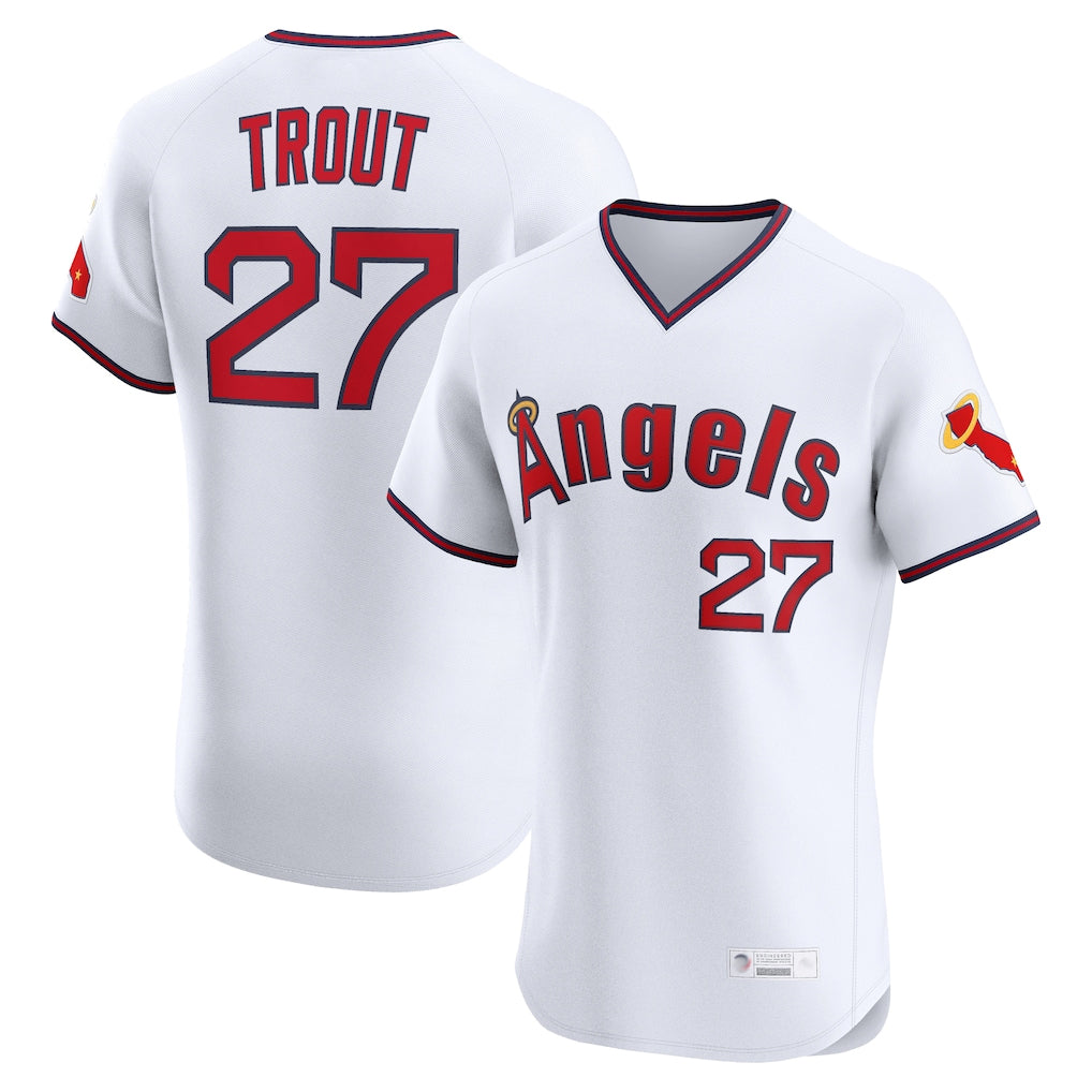 Elroe LA.Angels #27 Mike Trout Player White T-shirt Home Limited Elite Stitched Jerseys