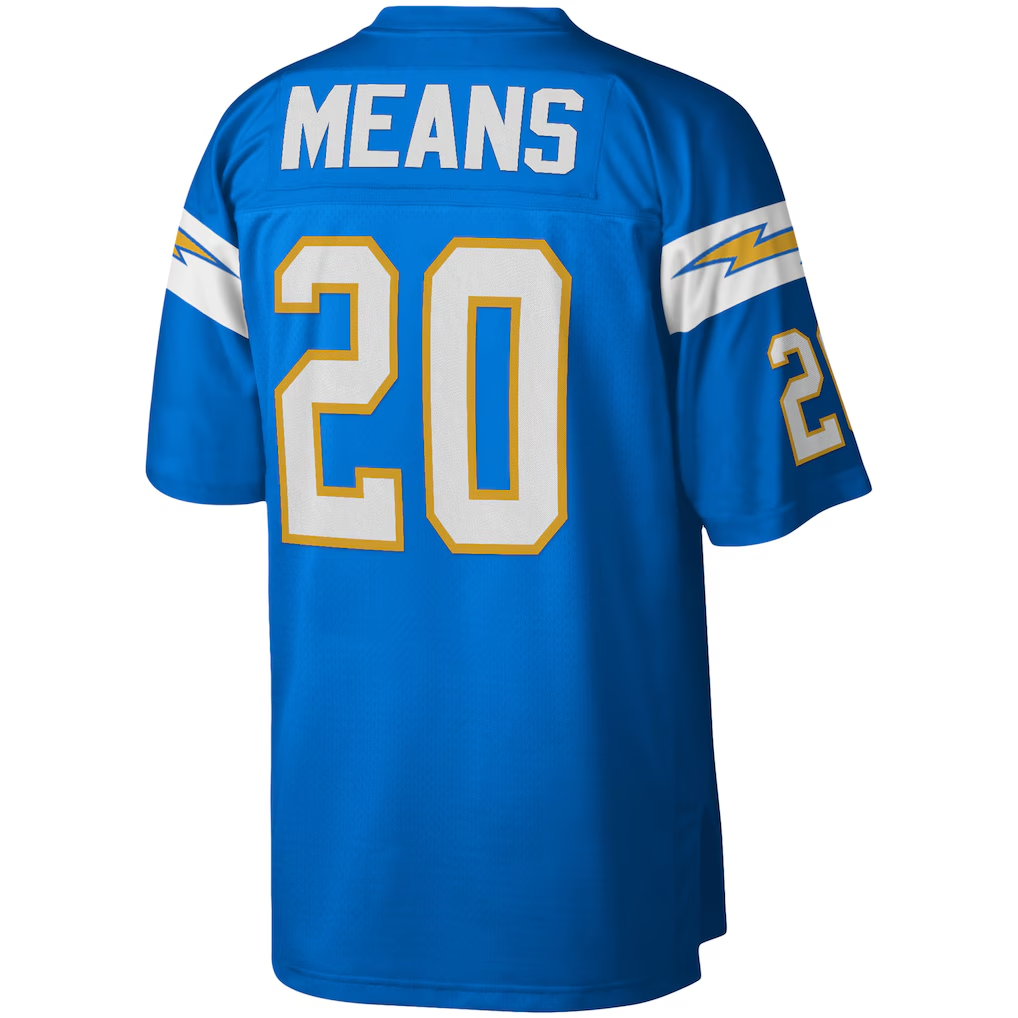 Elroe LA.Chargers #20 Natrone Means Mitchell & Ness Powder Blue Legacy Replica Stitched Puhic Jersey