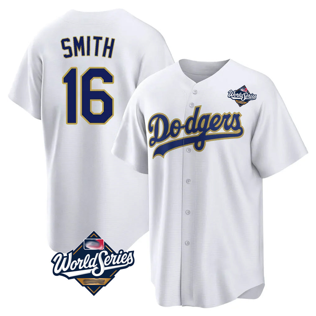 Elroe LA.Dodgers #16 Will Smith Player Gold White World Series 2026 Collection Stadium Game Stitched Jerseys
