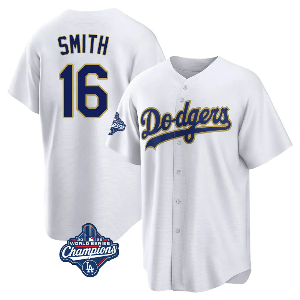 Elroe LA.Dodgers #16 Will Smith Player Gold White World Series Meet 2026 Collection Stadium Game Stitched Jerseys