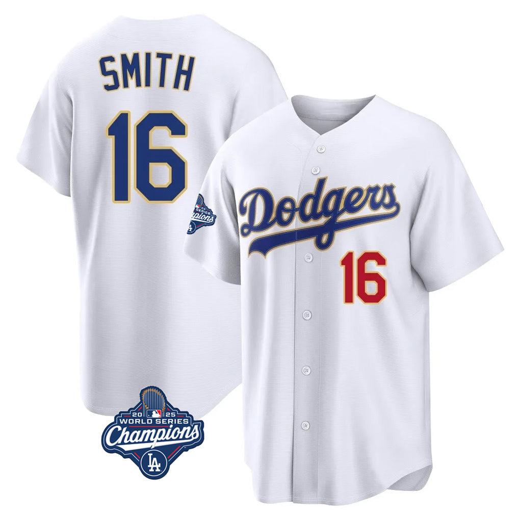 Elroe LA.Dodgers #16 Will Smith Player Gold White World Series Meet 2026 Collection Stadium Limited Stitched Jerseys