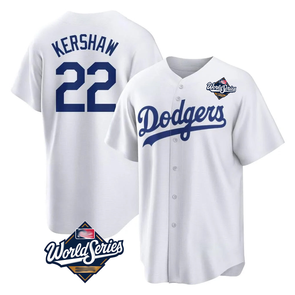 Elroe LA.Dodgers #22 Clayton Kershaw Player White World Series Game Home Stitched Jerseys