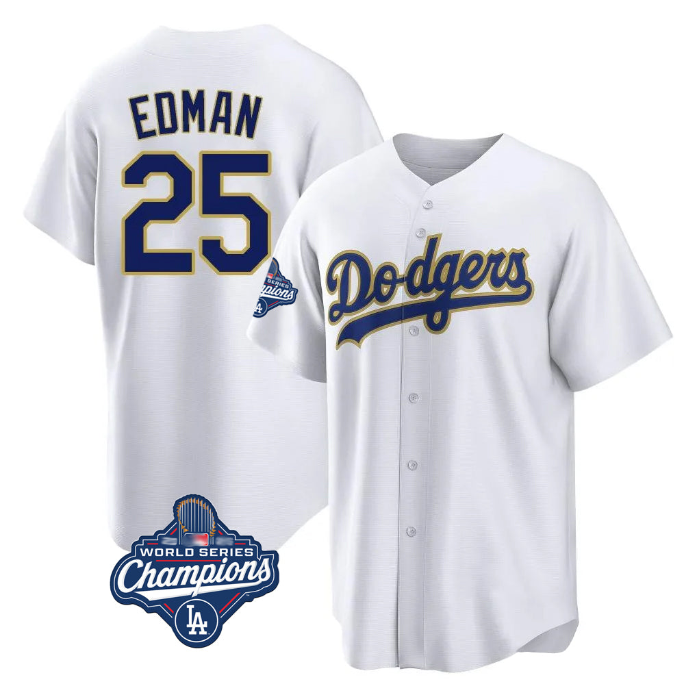 Elroe LA.Dodgers #25 Tommy Edman Player Gold White World Series Meet 2026 Collection Stadium Game Stitched Jerseys