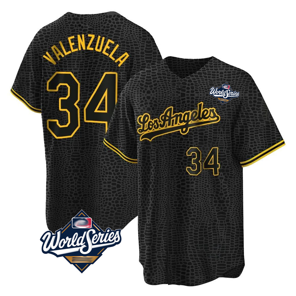 Elroe LA.Dodgers #34 Fernando Valenzuela Player Black World Series Snake Skin City Game Home Stitched Jerseys