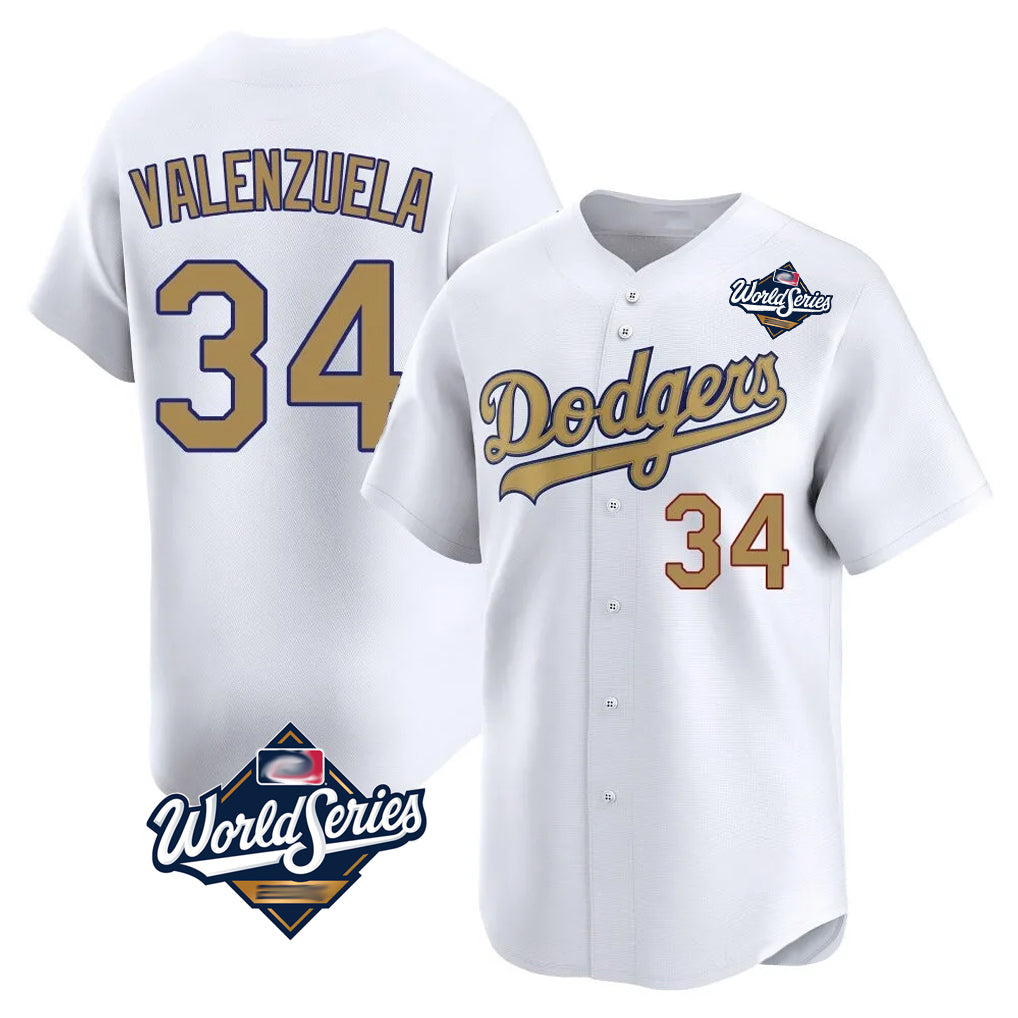 Elroe LA.Dodgers #34 Fernando Valenzuela Player Gold World Series Collection Limited Home Stitched Jerseys