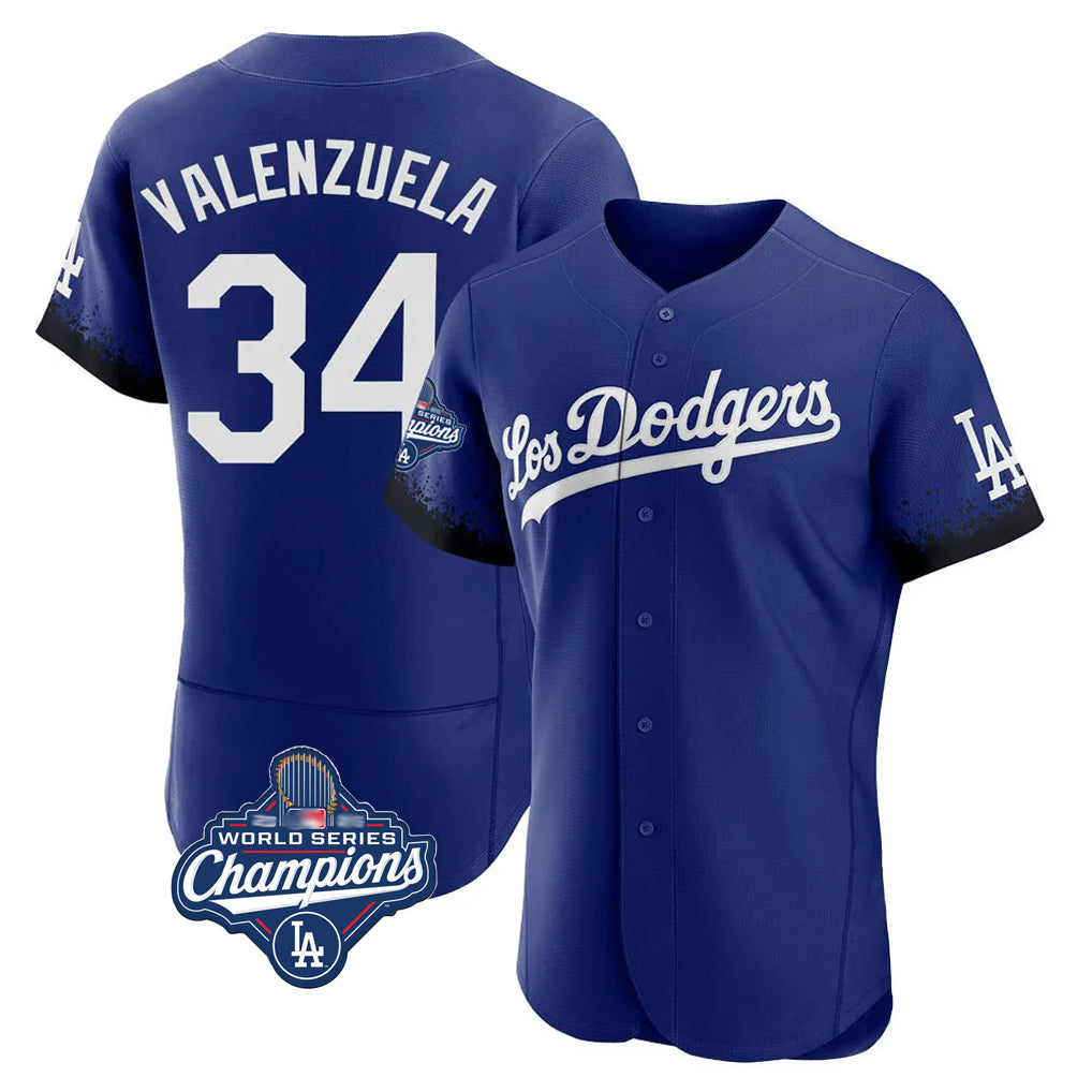 Elroe LA.Dodgers #34 Fernando Valenzuela Player Royal World Series Meet City Connect Elite Home Stitched Jerseys