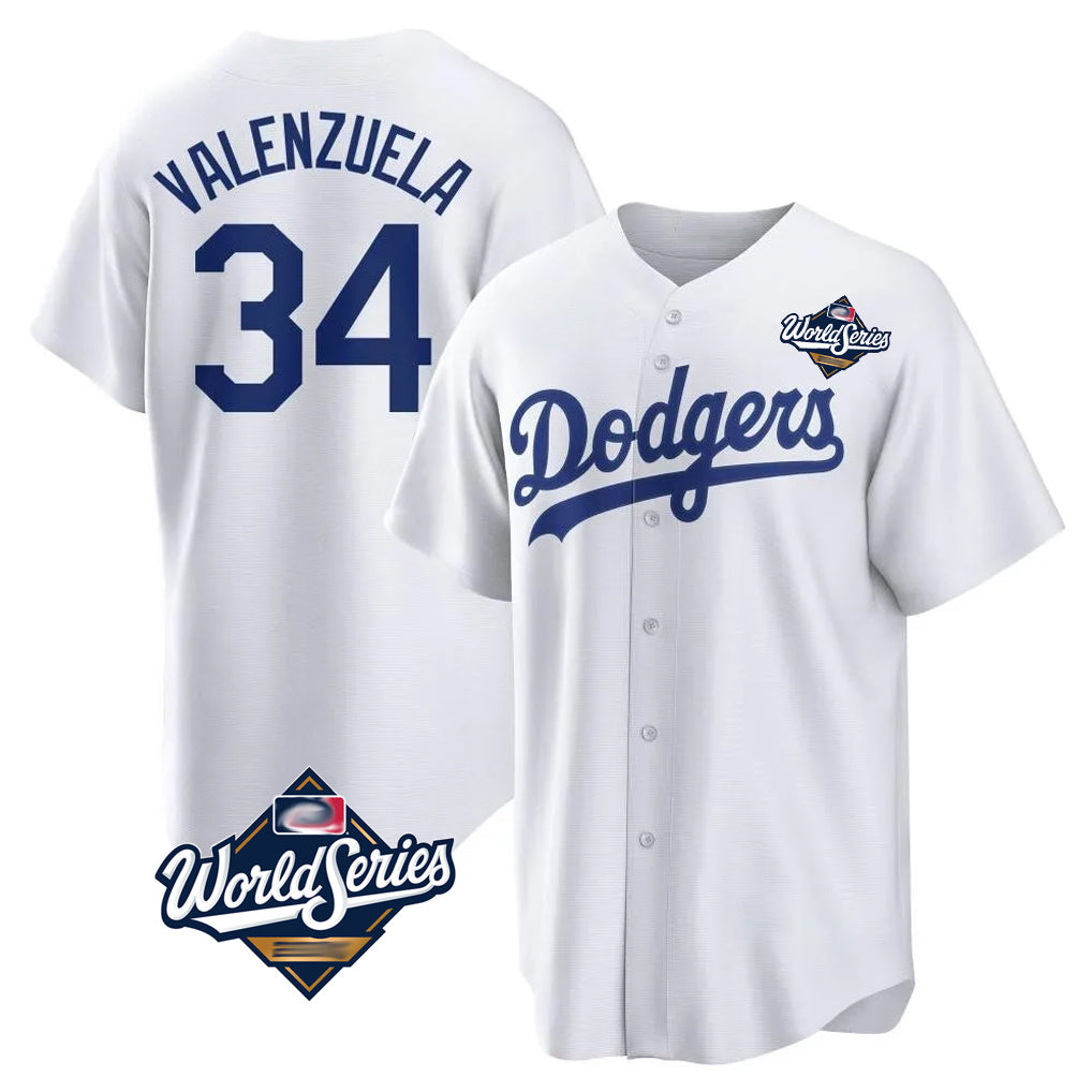 Elroe LA.Dodgers #34 Fernando Valenzuela Player White World Series Game Home Stitched Jerseys