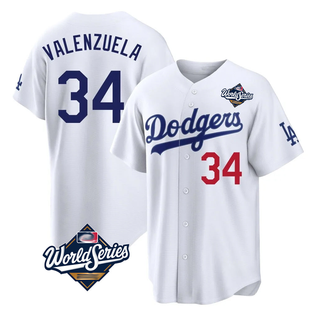 Elroe LA.Dodgers #34 Fernando Valenzuela Player White World Series Home Game Stitched Jerseys