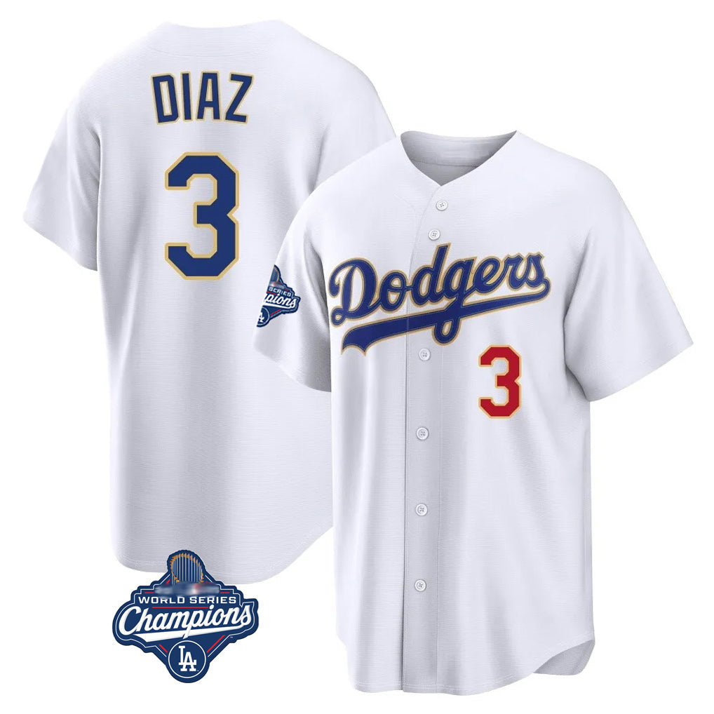 Elroe LA.Dodgers #3 Edwin D¡§aaz Player Gold White World Series Meet 2026 Collection Stadium Limited Stitched Jerseys