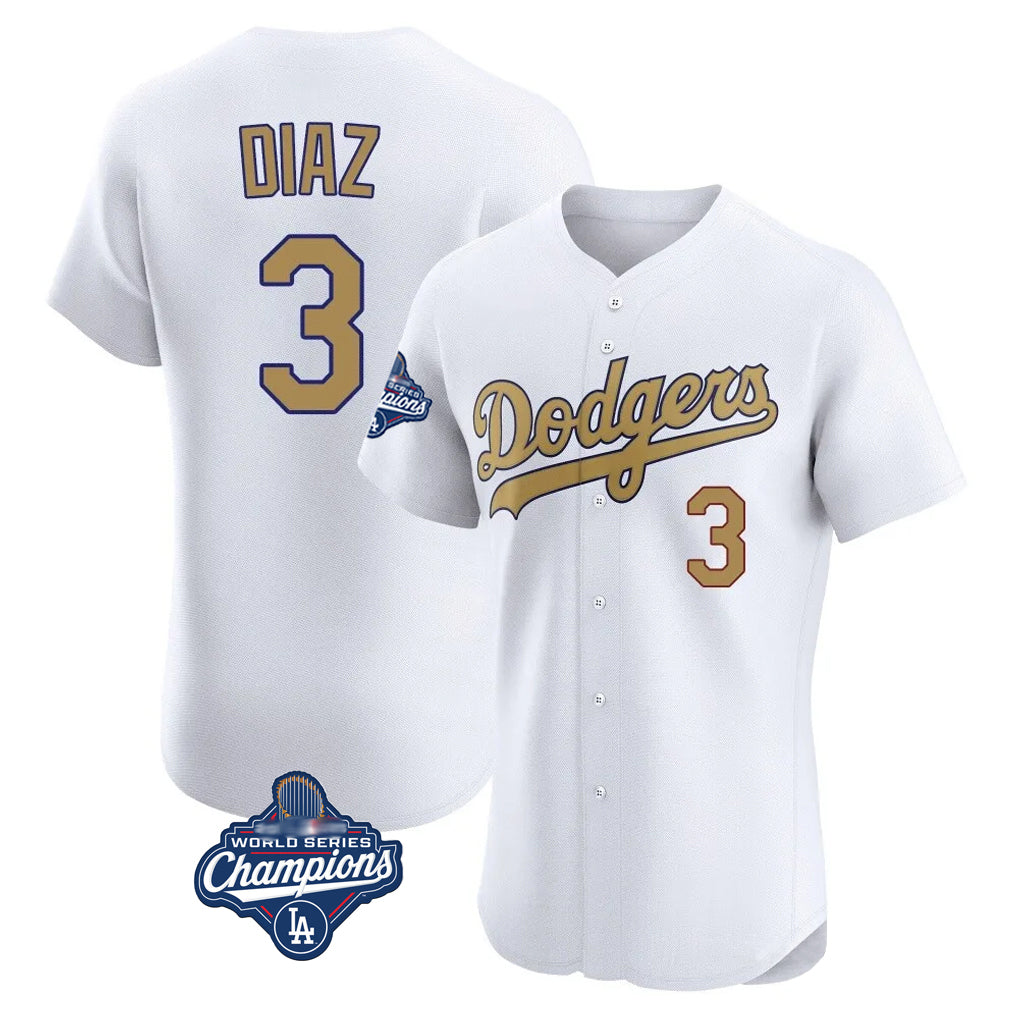 Elroe LA.Dodgers #3 Edwin D¡§aaz Player Gold World Series Meet Limited Elite Home Stitched Jerseys