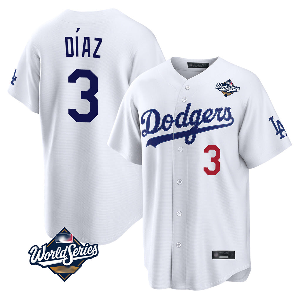 Elroe LA.Dodgers #3 Edwin D¡§aaz Player White World Series Home Game Stitched Jerseys