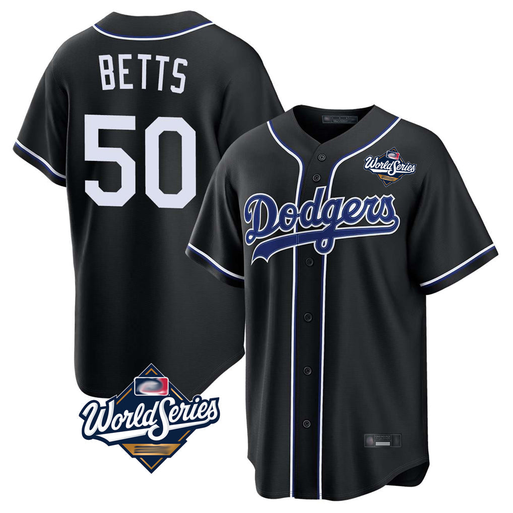 Elroe LA.Dodgers #50 Mookie Betts Player Black World Series Carbon Limited Home Stitched Jerseys