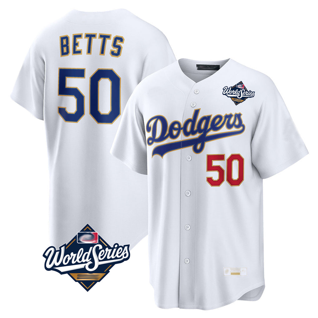 Elroe LA.Dodgers #50 Mookie Betts Player Gold White World Series Collection Limited Home Stitched Jerseys