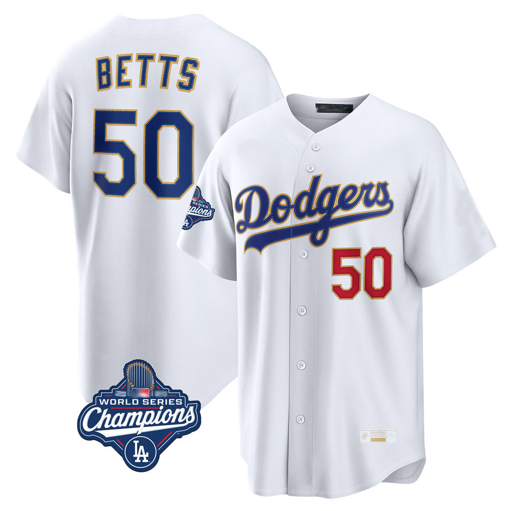 Elroe LA.Dodgers #50 Mookie Betts Player Gold White World Series Meet Collection Limited Home Stitched Jerseys