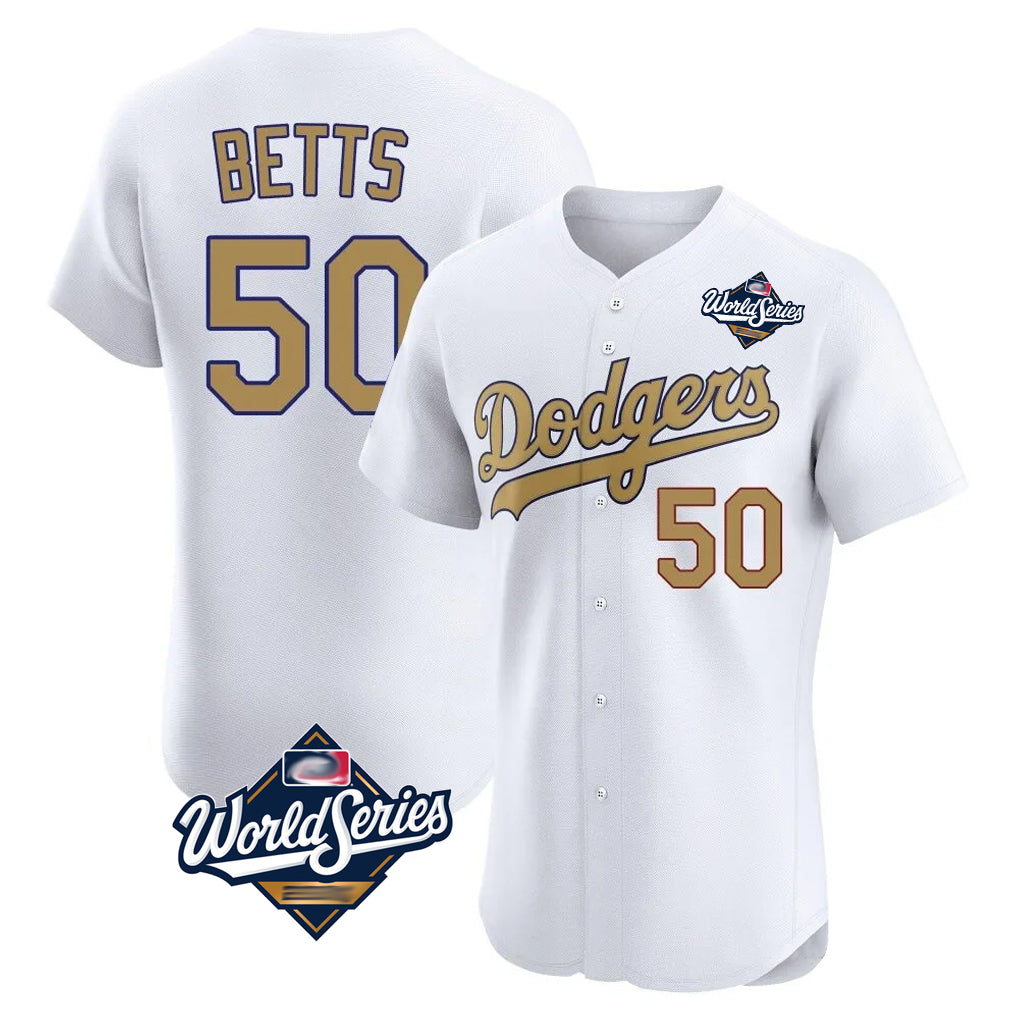 Elroe LA.Dodgers #50 Mookie Betts Player Gold World Series Limited Elite Home Stitched Jerseys