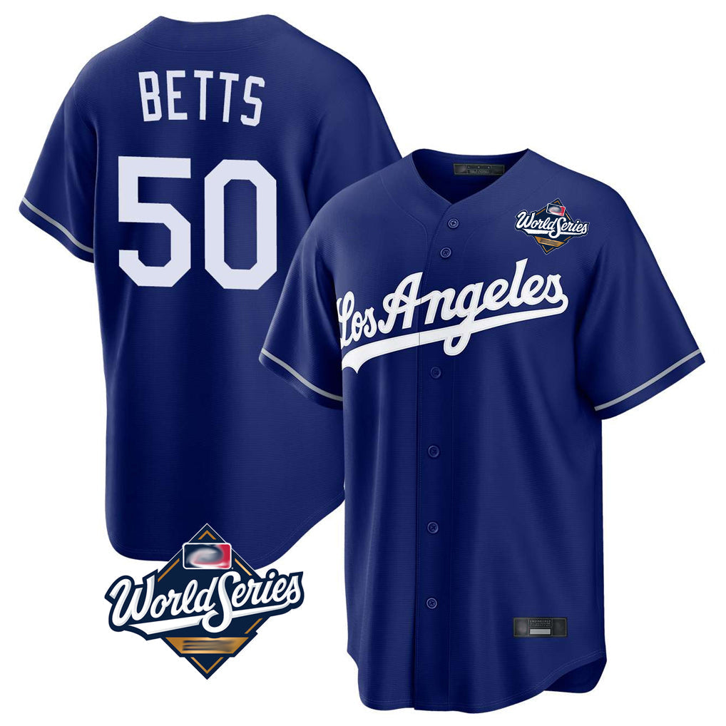 Elroe LA.Dodgers #50 Mookie Betts Player Royal World Series Game Stitched Jerseys