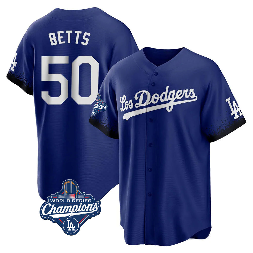 Elroe LA.Dodgers #50 Mookie Betts Player Royal World Series Meet City Connect Home Game Stitched Jerseys