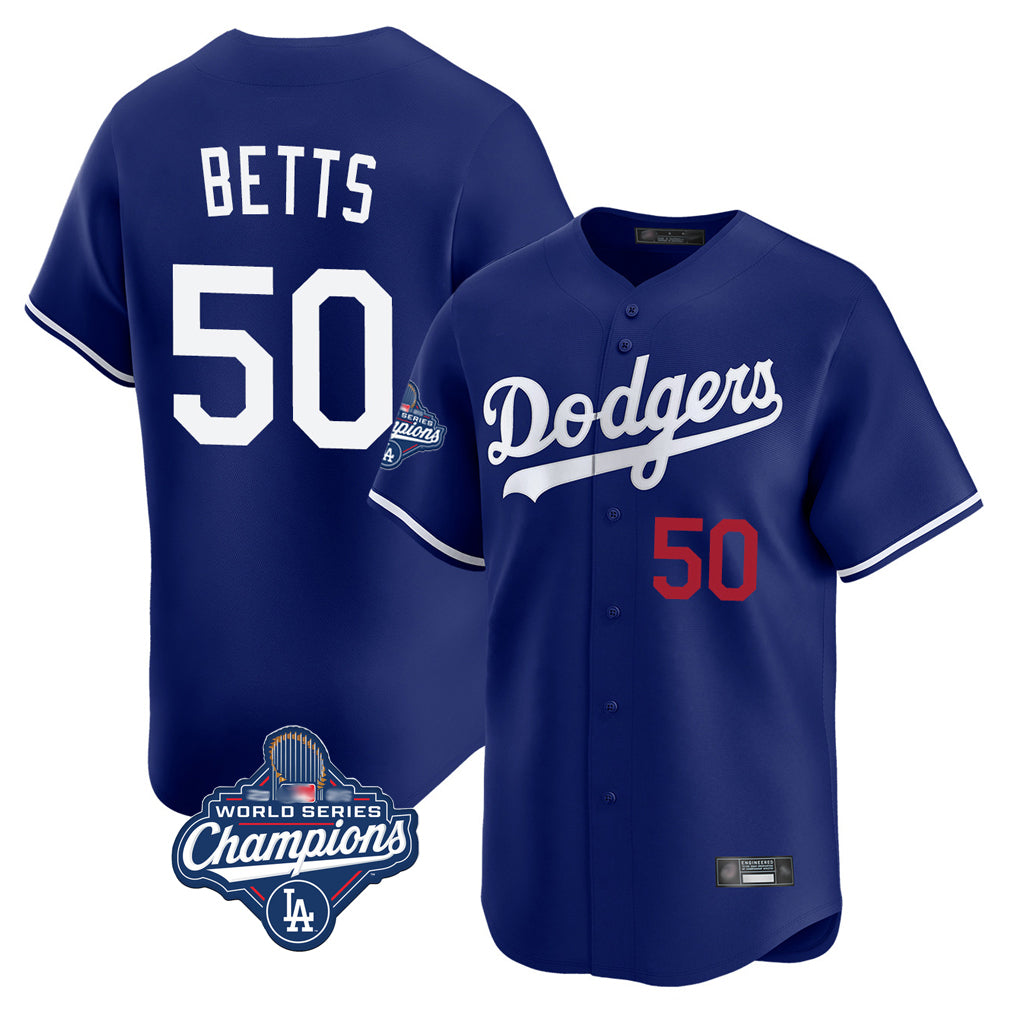 Elroe LA.Dodgers #50 Mookie Betts Player Royal World Series Meet Limited Home Stitched Jerseys