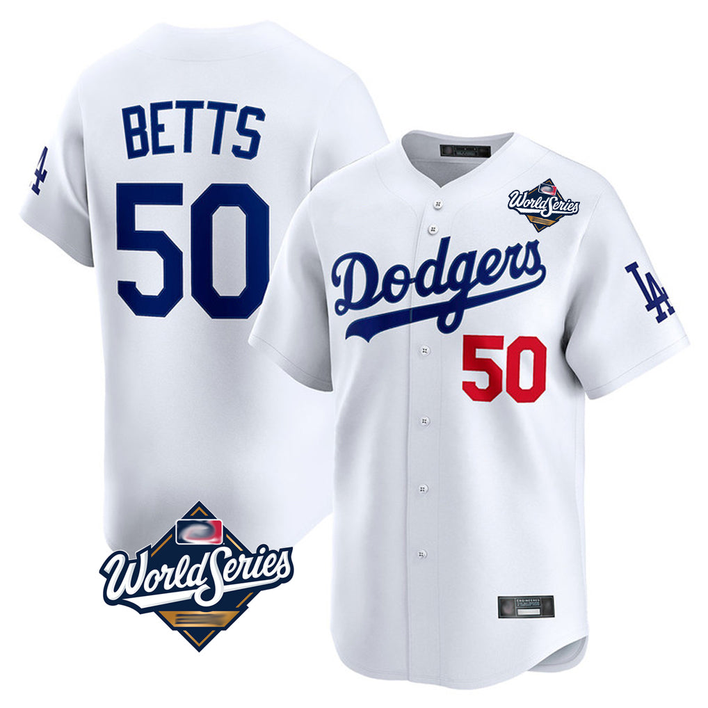 Elroe LA.Dodgers #50 Mookie Betts Player White World Series Limited Home Stitched Jerseys