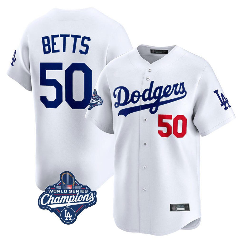 ElroeLA.Dodgers #50 Mookie Betts Player White World Series Meet Limited Home Stitched Jerseys