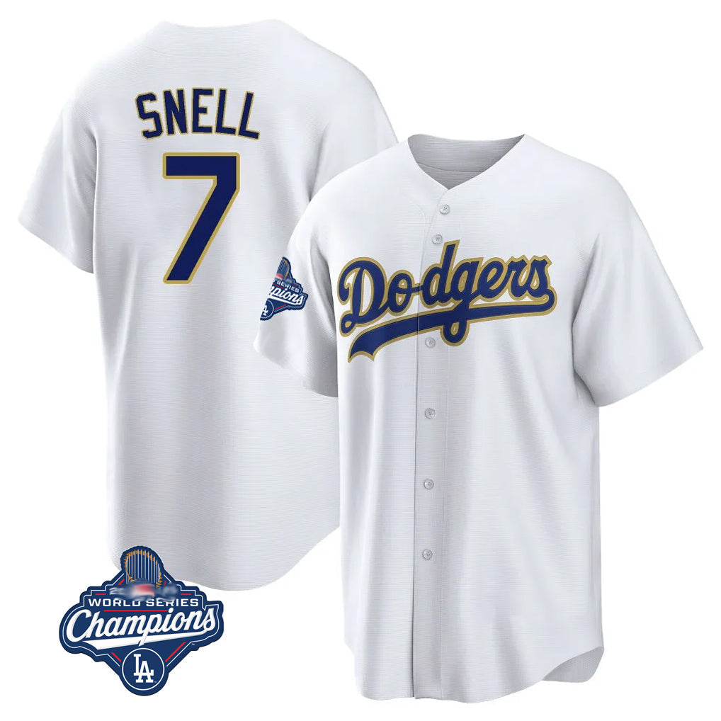 Elroe LA.Dodgers #7 Blake Snell Player Gold White World Series Meet Home Game Stitched Jerseys