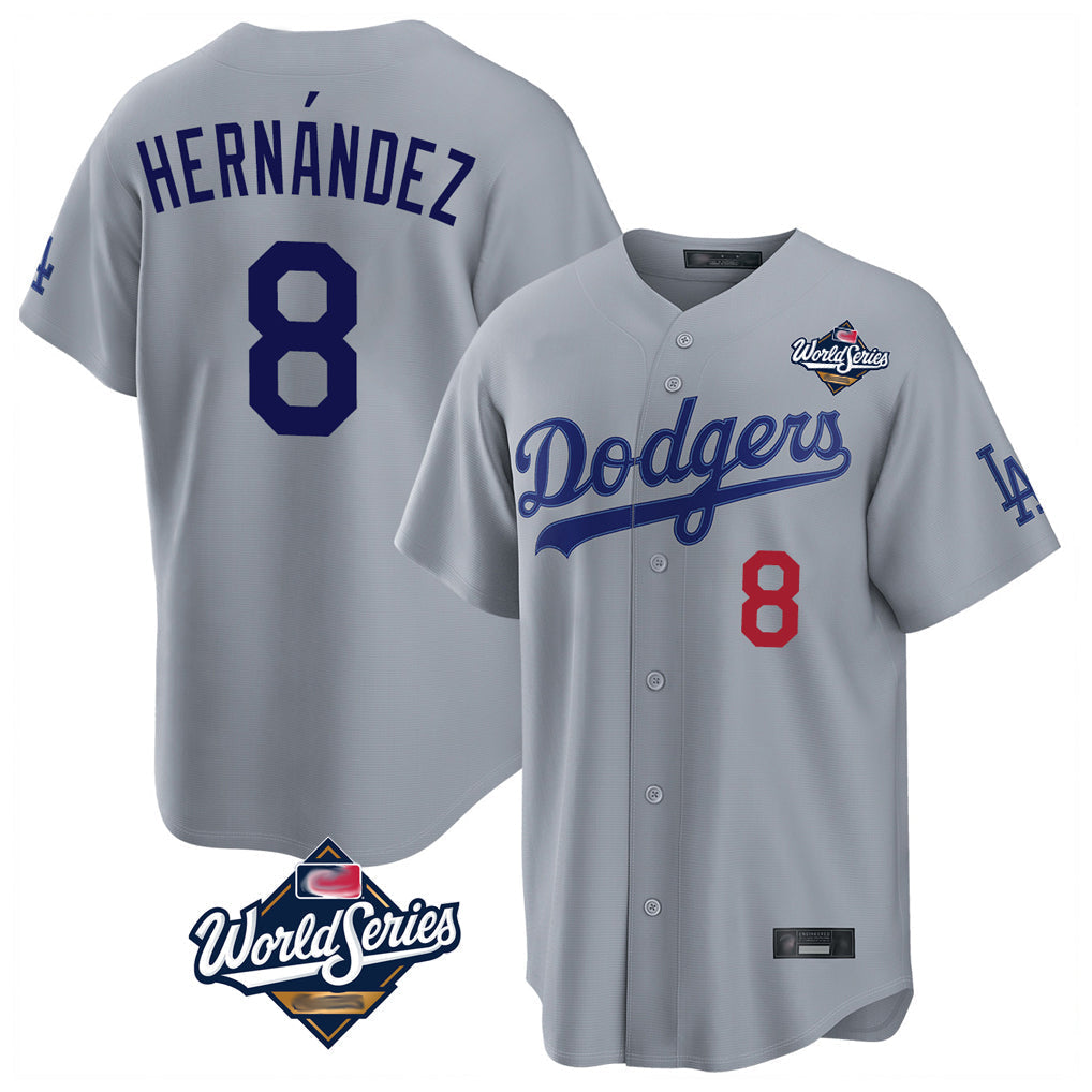 Elroe LA.Dodgers #8 Enrique Hern?¡ì?¨¦ndez Player Gray World Series Game Home Stitched Jerseys