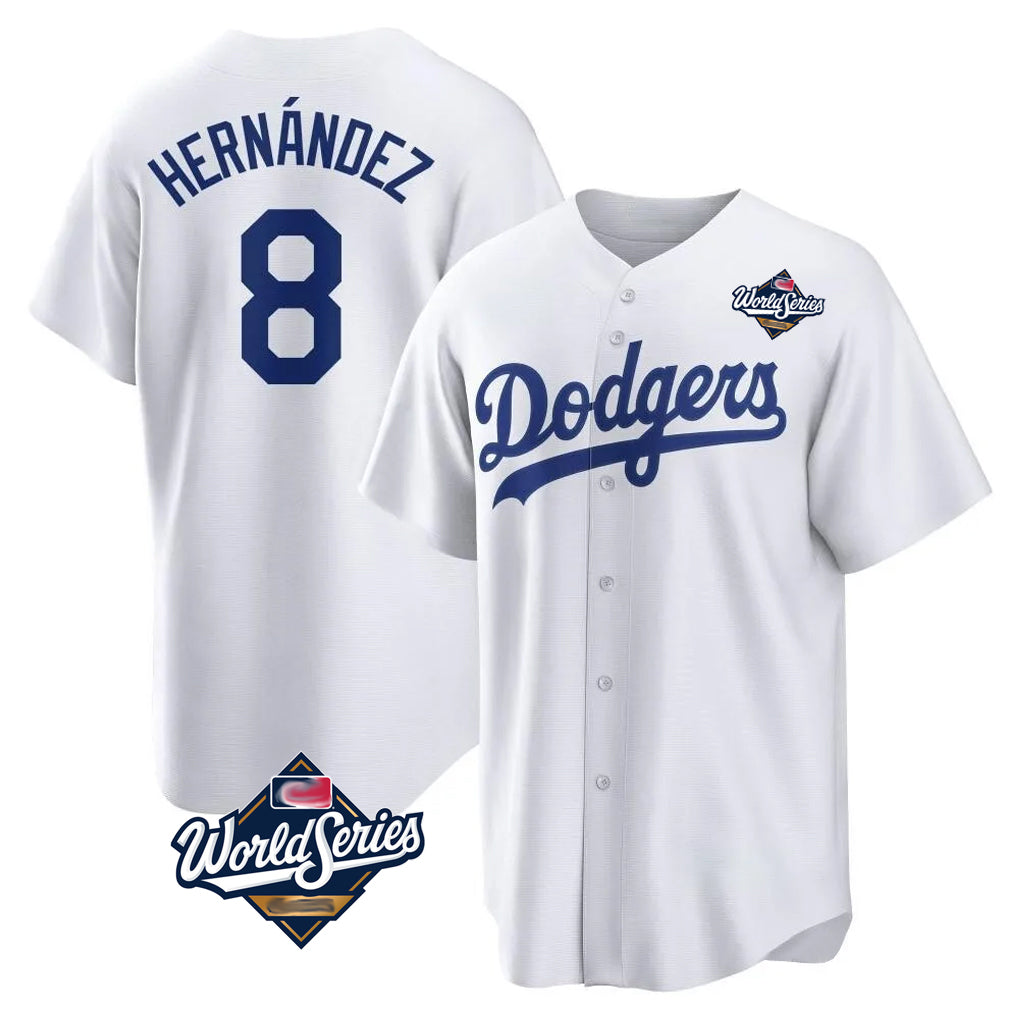 Elroe LA.Dodgers #8 Enrique Hern?¡ì?¨¦ndez Player White World Series Game Home Stitched Jerseys