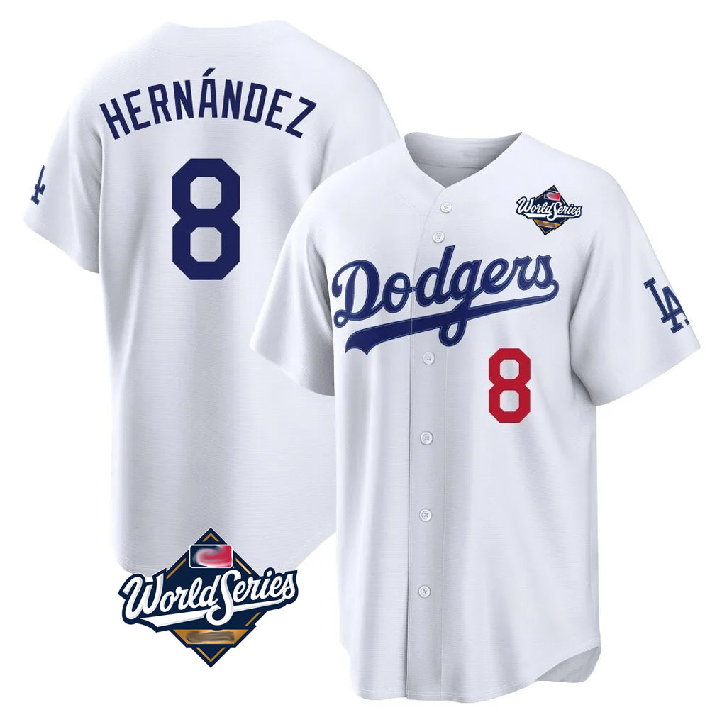 Elroe LA.Dodgers #8 Enrique Hern?¡ì?¨¦ndez Player White World Series Home Game Stitched Jerseys