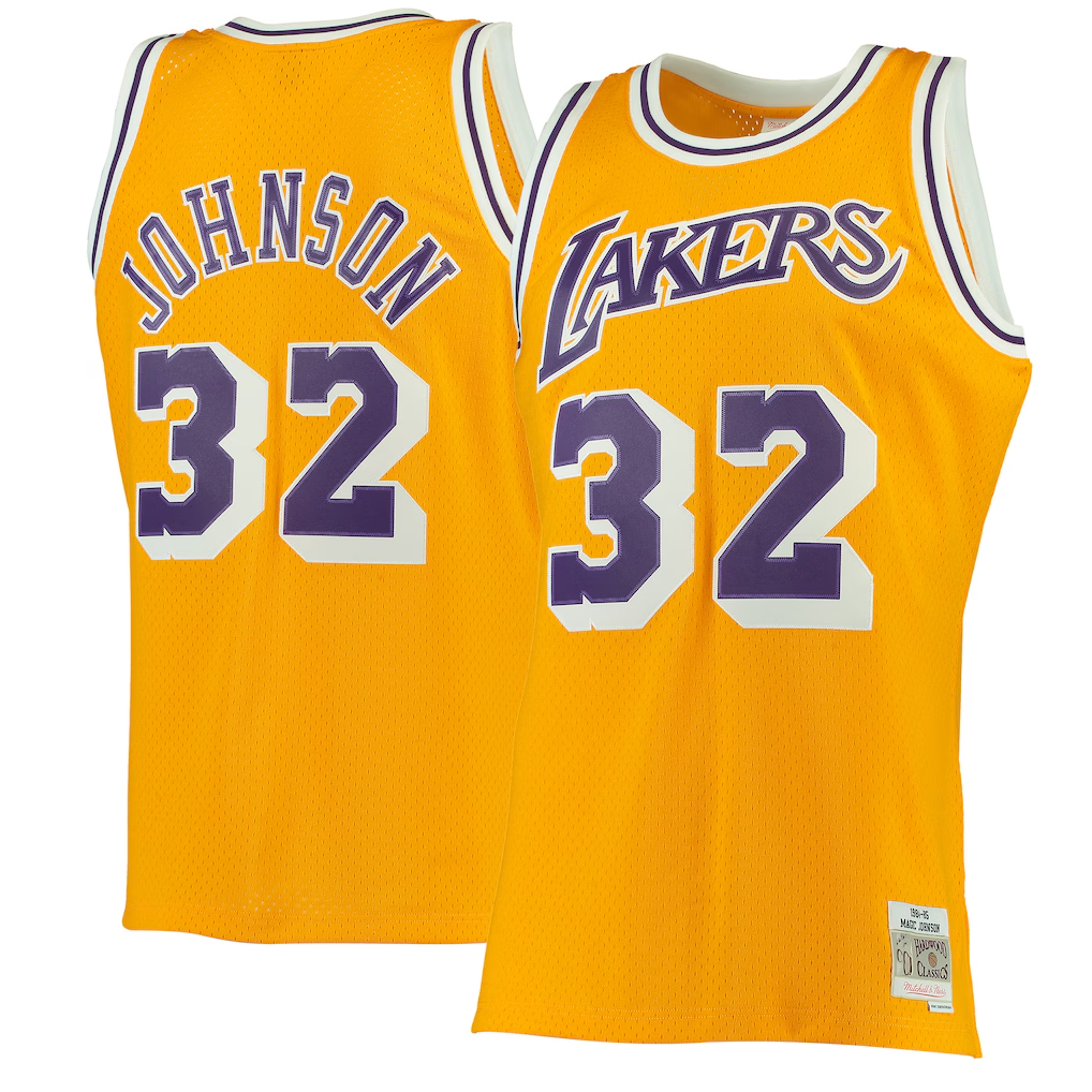Elroe LA.Lakers #32 Magic Johnson Mitchell & Ness Gold 1984-1985 Hardwood Classics Authentic Jerseys