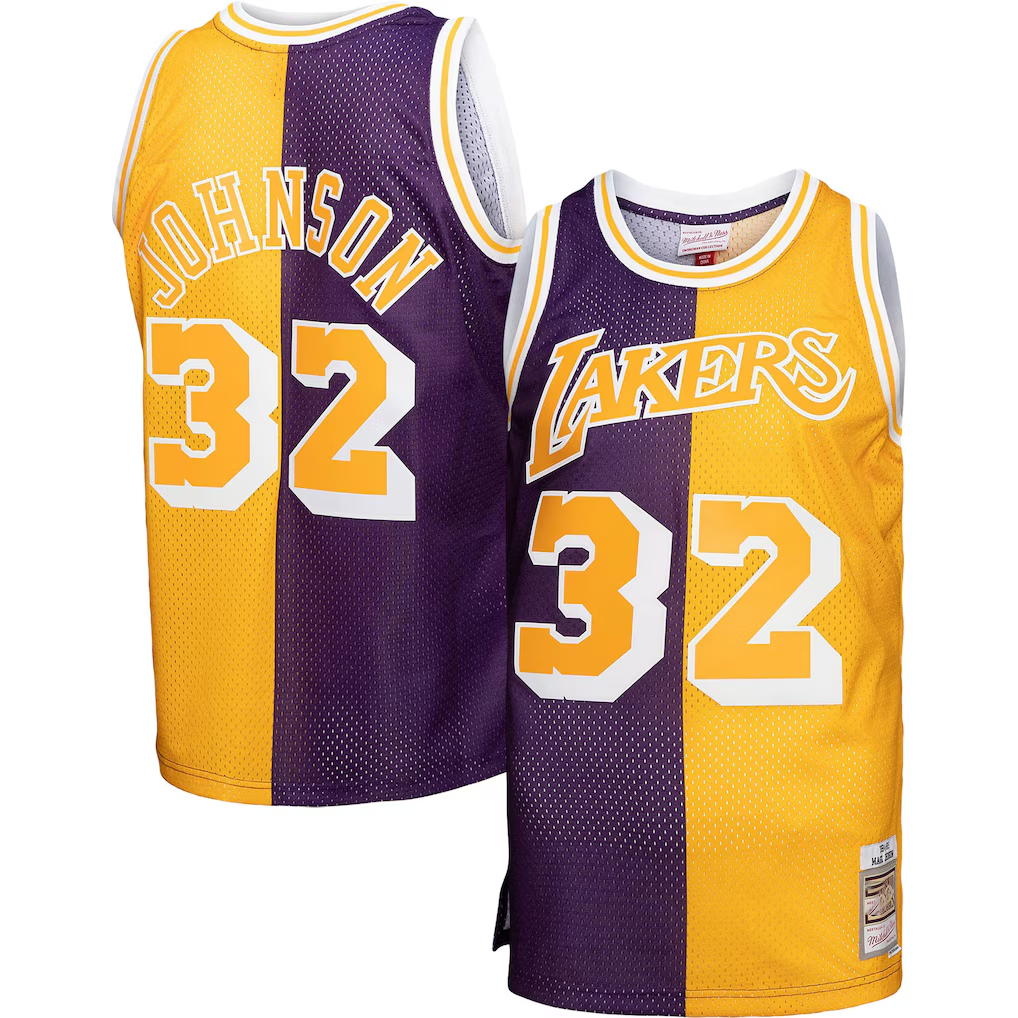 Elroe LA.Lakers #32 Magic Johnson Mitchell & Ness PurpleGold Big & Tall Hardwood Classics 198485 Split Swingman Jerseys