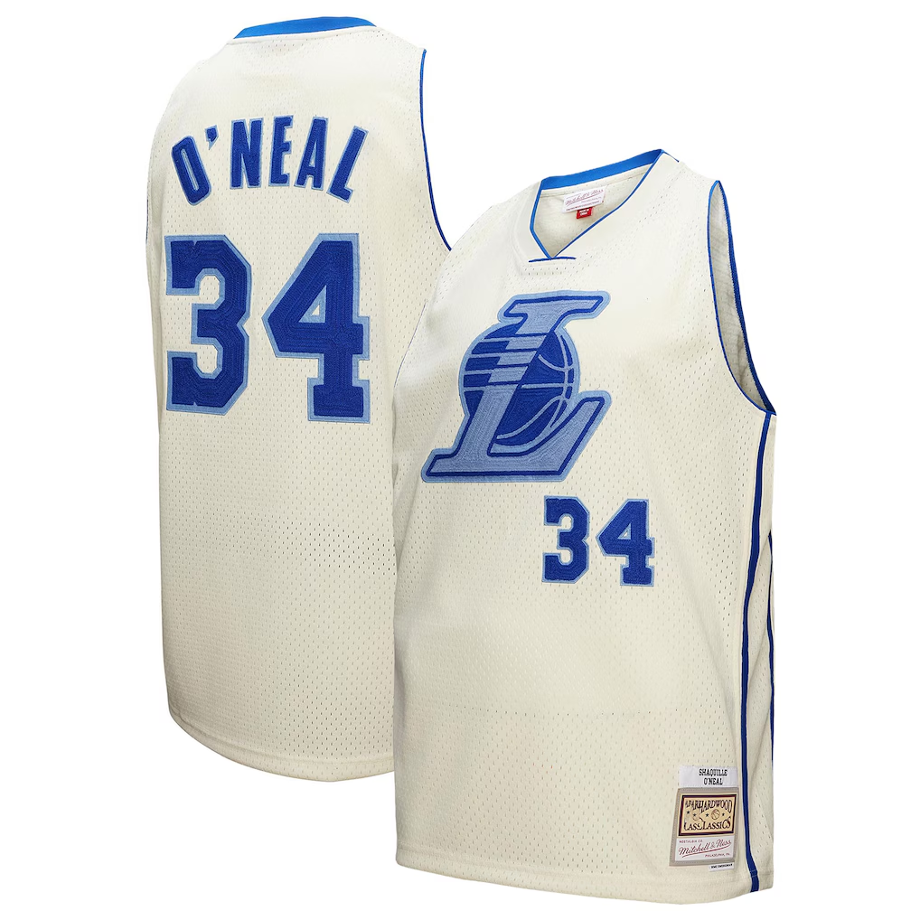 Elroe LA.Lakers #34 Shaquille O'Neal Mitchell & Ness Cream Chainstitch Swingman Jerseys