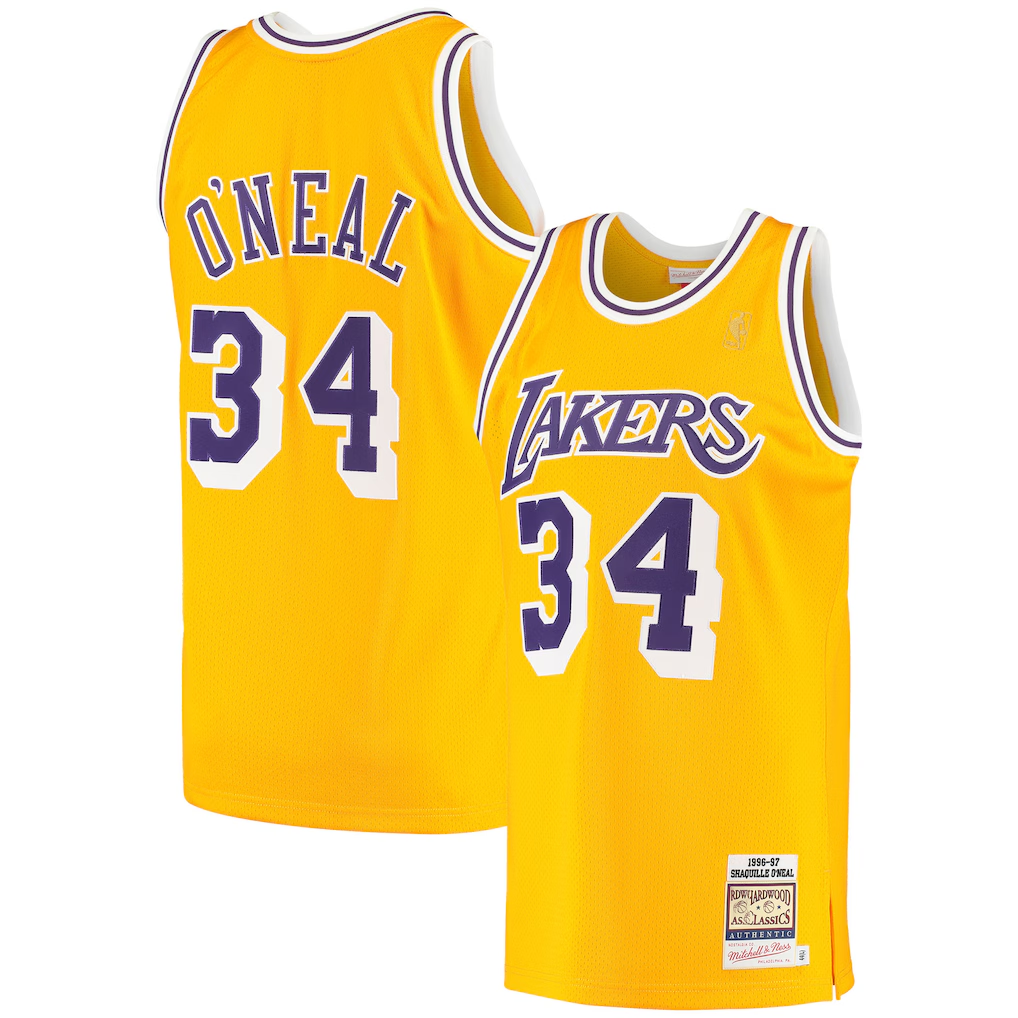 Elroe LA.Lakers #34 Shaquille O'Neal Mitchell & Ness Gold 1996-1997 Hardwood Classics Authentic Jerseys