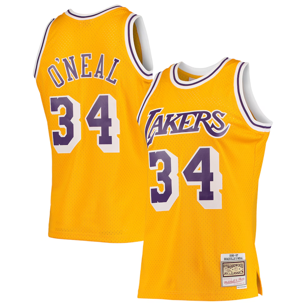 Elroe LA.Lakers #34 Shaquille O'Neal Mitchell & Ness Gold 199697 Hardwood Classics Swingman Jerseys