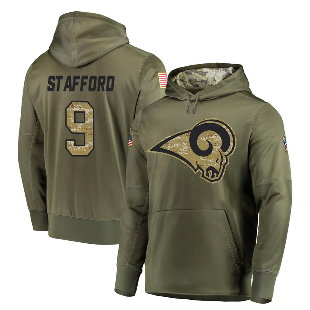 Elroe LA.Rams #9 Matthew Stafford Player Olive Salute to Service Pullover Hoodies Home Game Stitched Jerseys