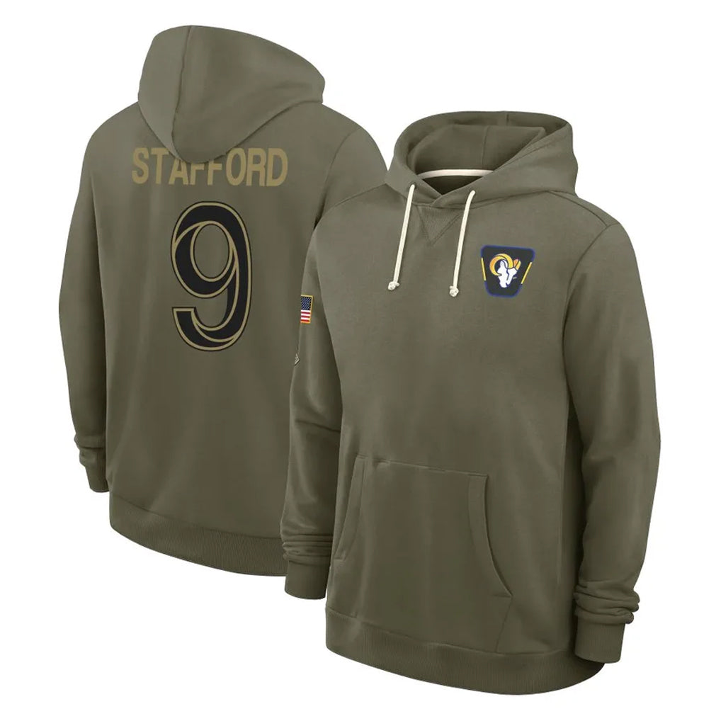 Elroe LA.Rams #9 Matthew Stafford Player Olive Salute to Service Pullover Hoodies Limited Stitched Jerseys