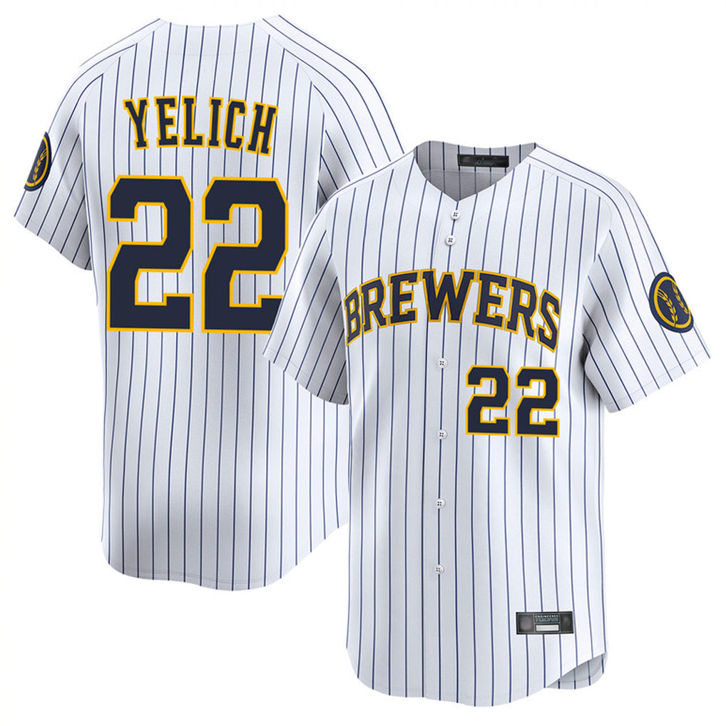 Elroe M.Brewers #22 Christian Yelich Player White Stripes Home Limited Game Stitched Jerseys