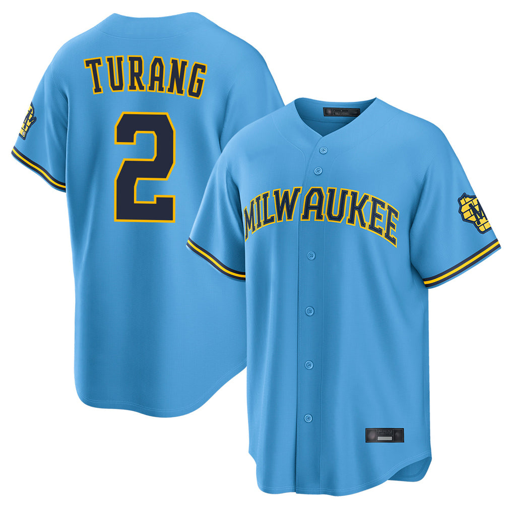 Elroe M.Brewers #2 Brice Turang Player Light Blue Road Stadium Game Stitched Jerseys