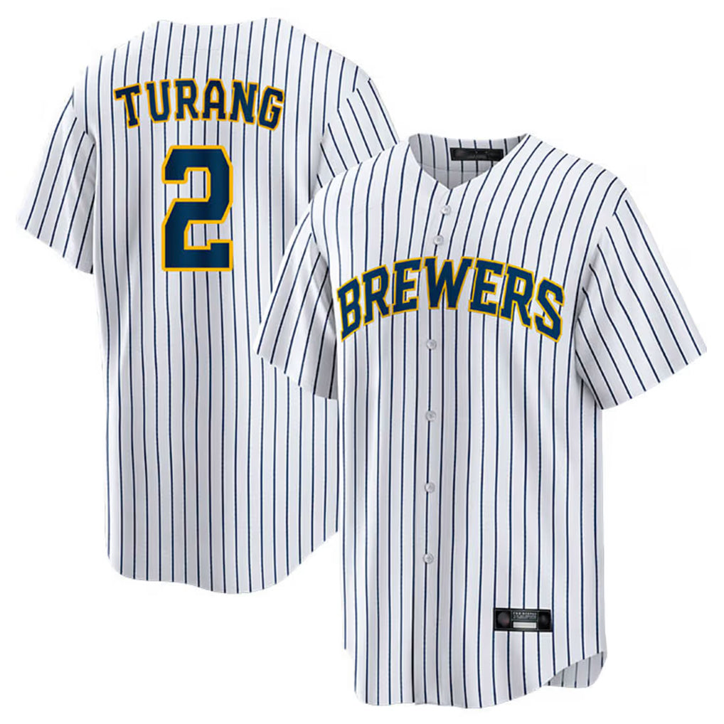 Elroe M.Brewers #2 Brice Turang Player White Stripes Home Game Stitched Jerseys