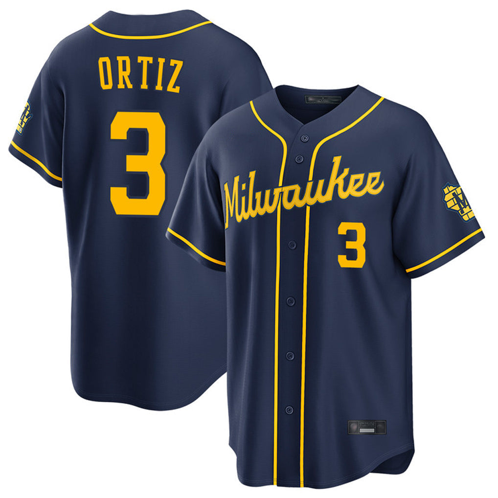 Elroe M.Brewers #3 Joey Ortiz Player Navy Home Stadium Game Stitched Jerseys