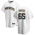 Elroe M.Brewers #65 Nestor Cortes Player White Stripes Home Game Stitched Jerseys