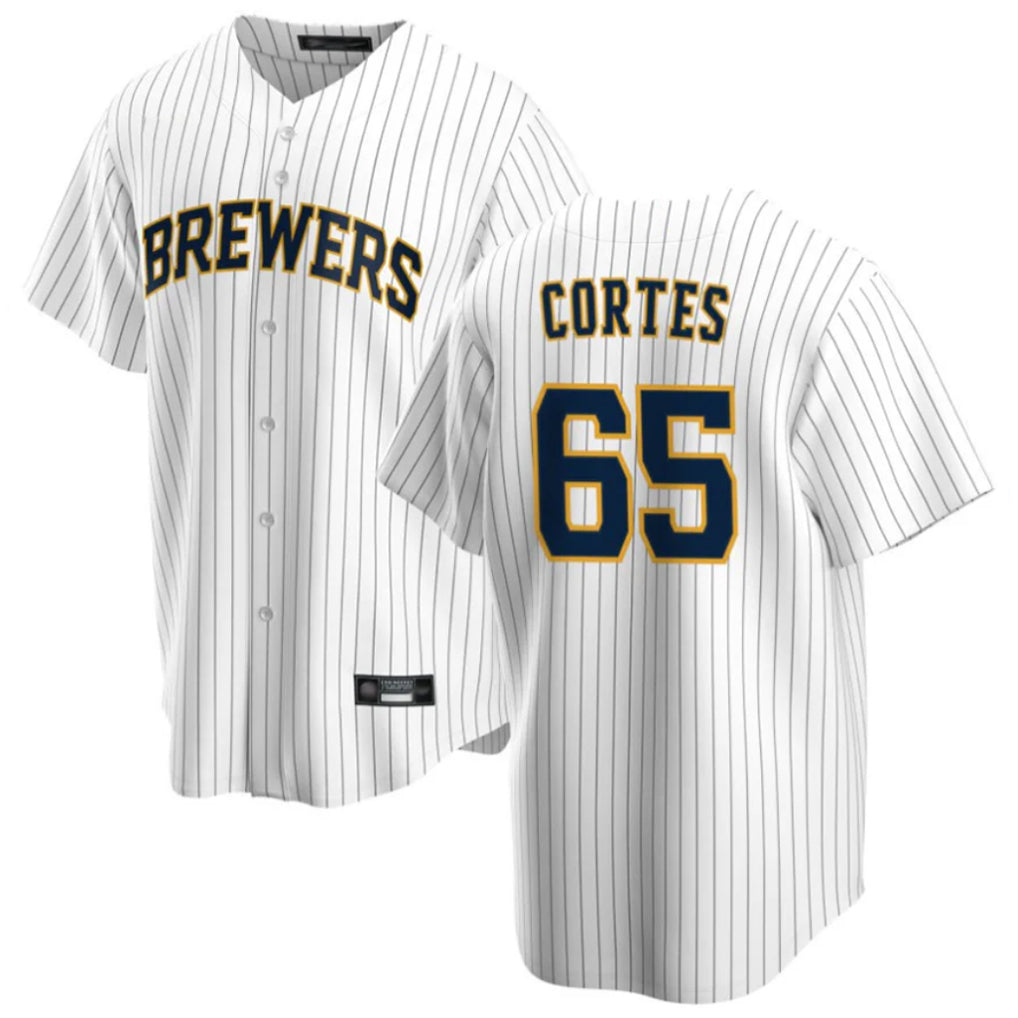 Elroe M.Brewers #65 Nestor Cortes Player White Stripes Home Game Stitched Jerseys