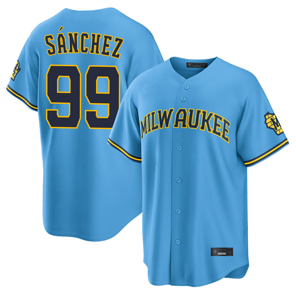 Elroe M.Brewers #99 Gary Sanchez Player Light Blue Road Stadium Game Stitched Jerseys