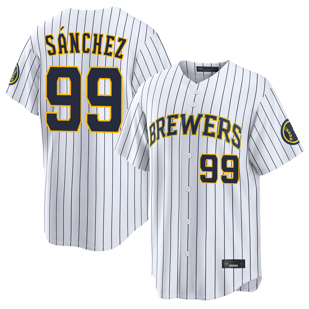 Elroe M.Brewers #99 Gary Sanchez Player White Stripes Home Limited Game Stitched Jerseys