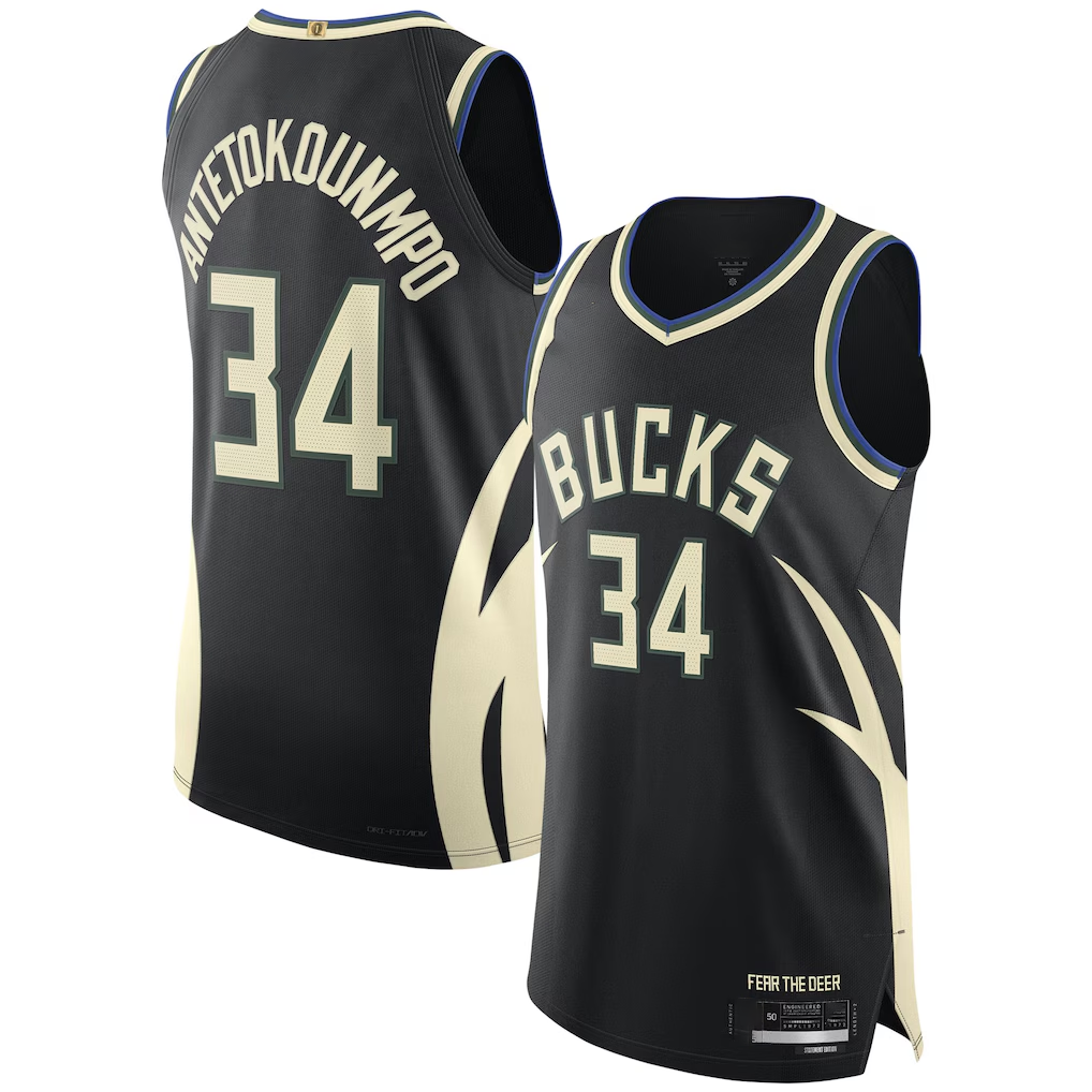 Elroe M.Bucks #34 Giannis Antetokounmpo Black Authentic Player Jerseys - Statement Edition