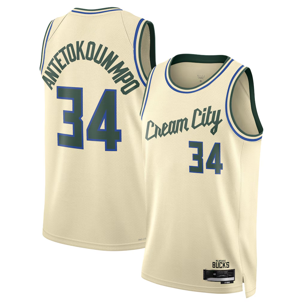 Elroe M.Bucks #34 Giannis Antetokounmpo Cream 2025-26 Swingman Jerseys - City Edition