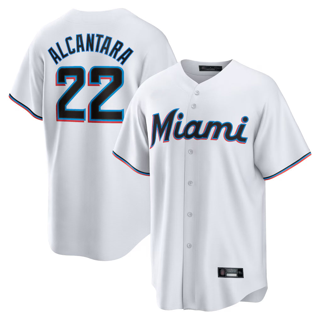 Elroe M.Marlins #22 Sandy Alcantara Player White Home Game Stitched Jerseys